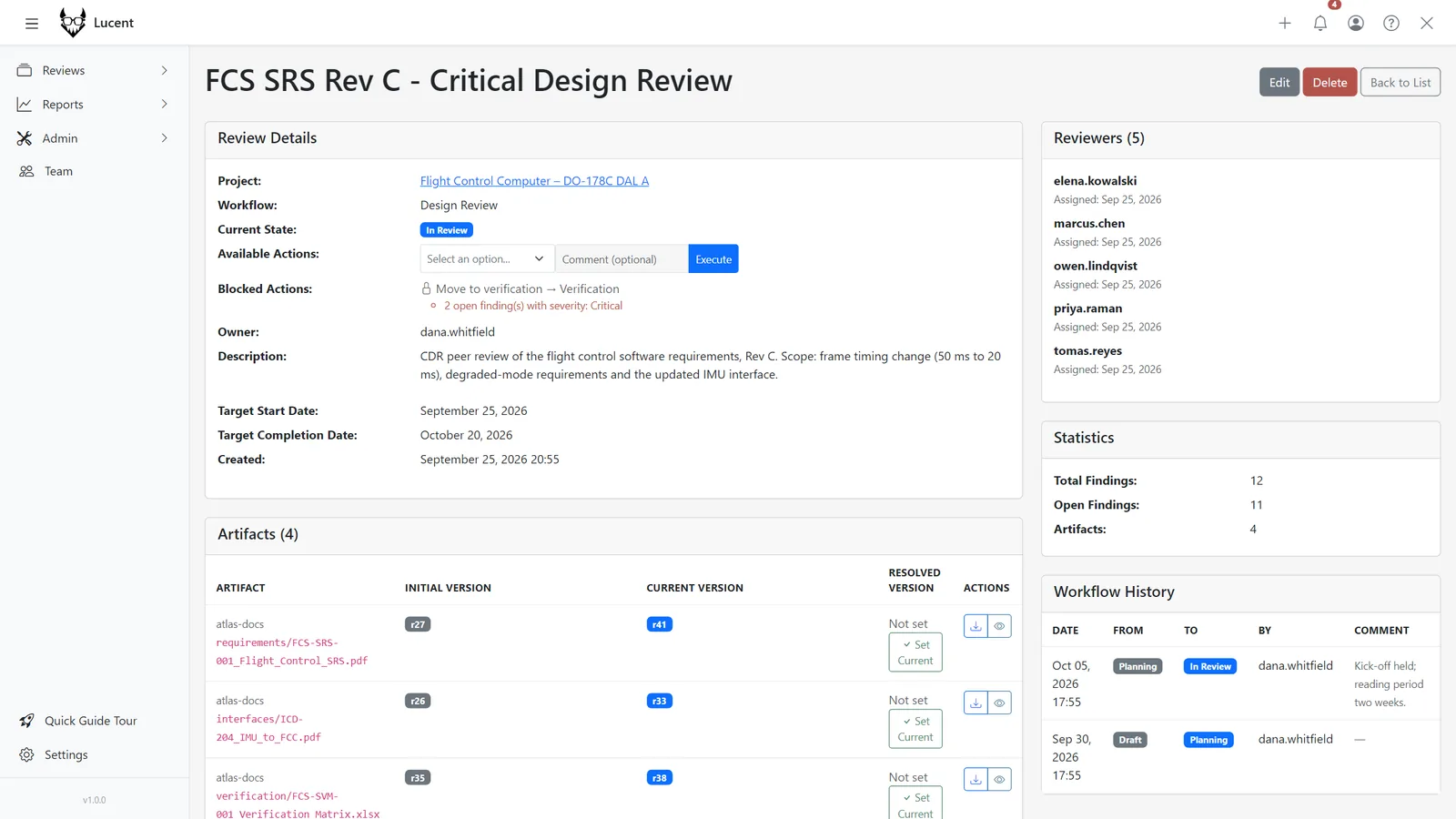 Review page with the move to verification blocked until open Critical findings and the required checklist are resolved