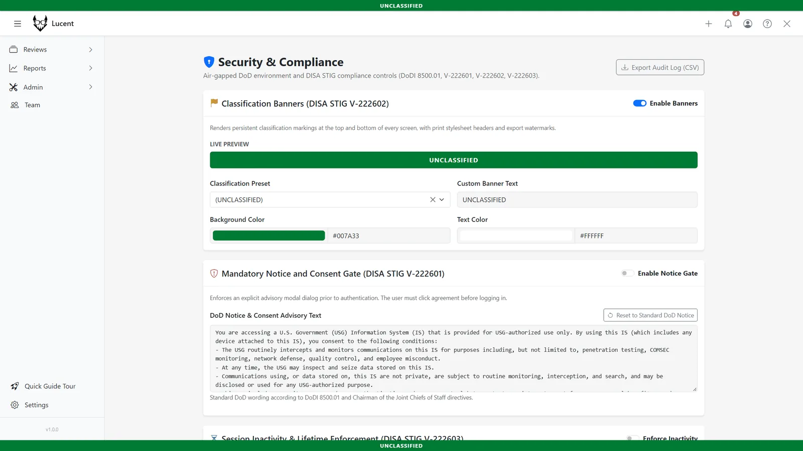 Security and compliance settings with role enforcement, DoD consent gate and classification banner