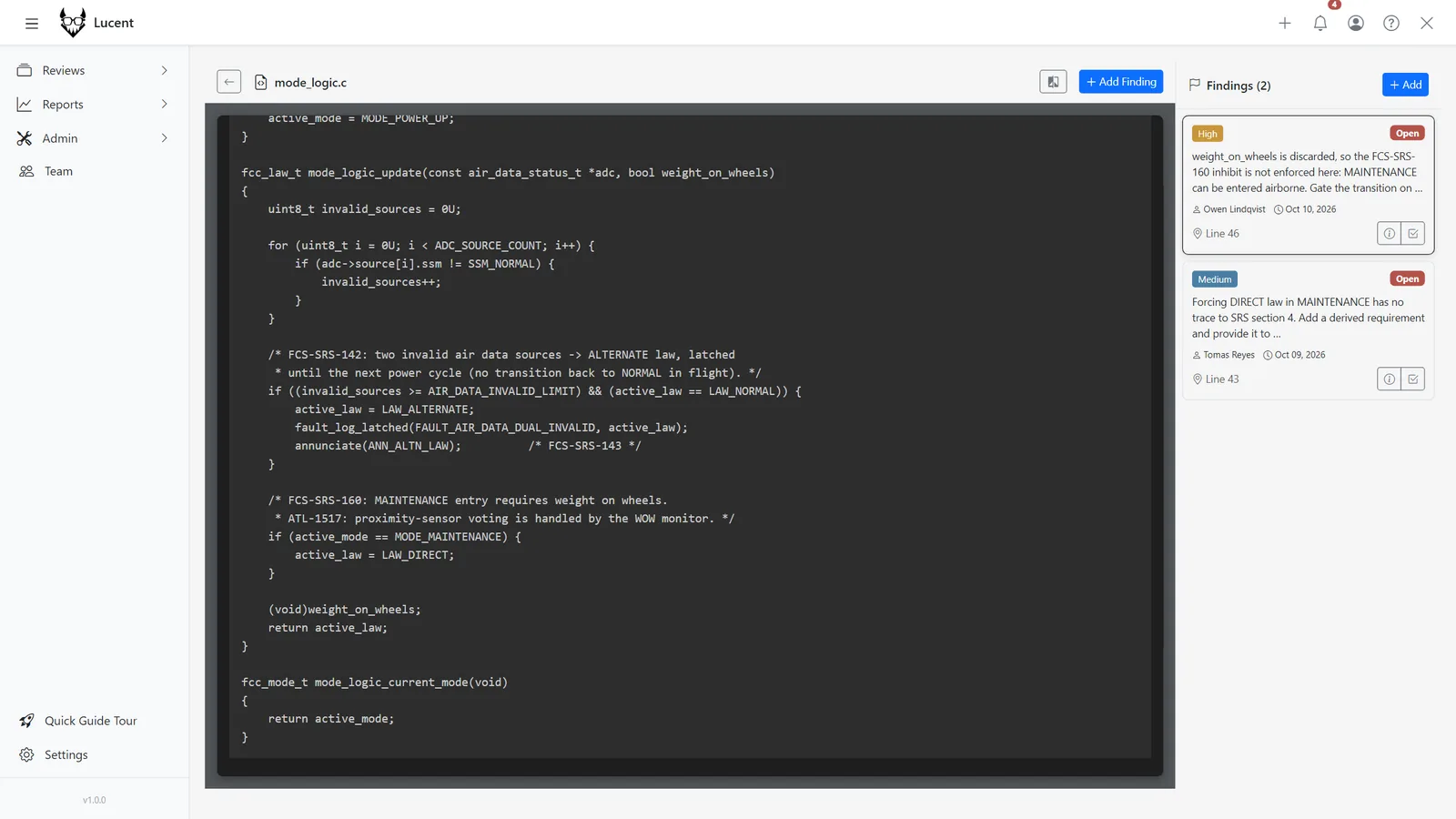 Syntax-highlighted C source from Git with line-anchored findings in the sidebar