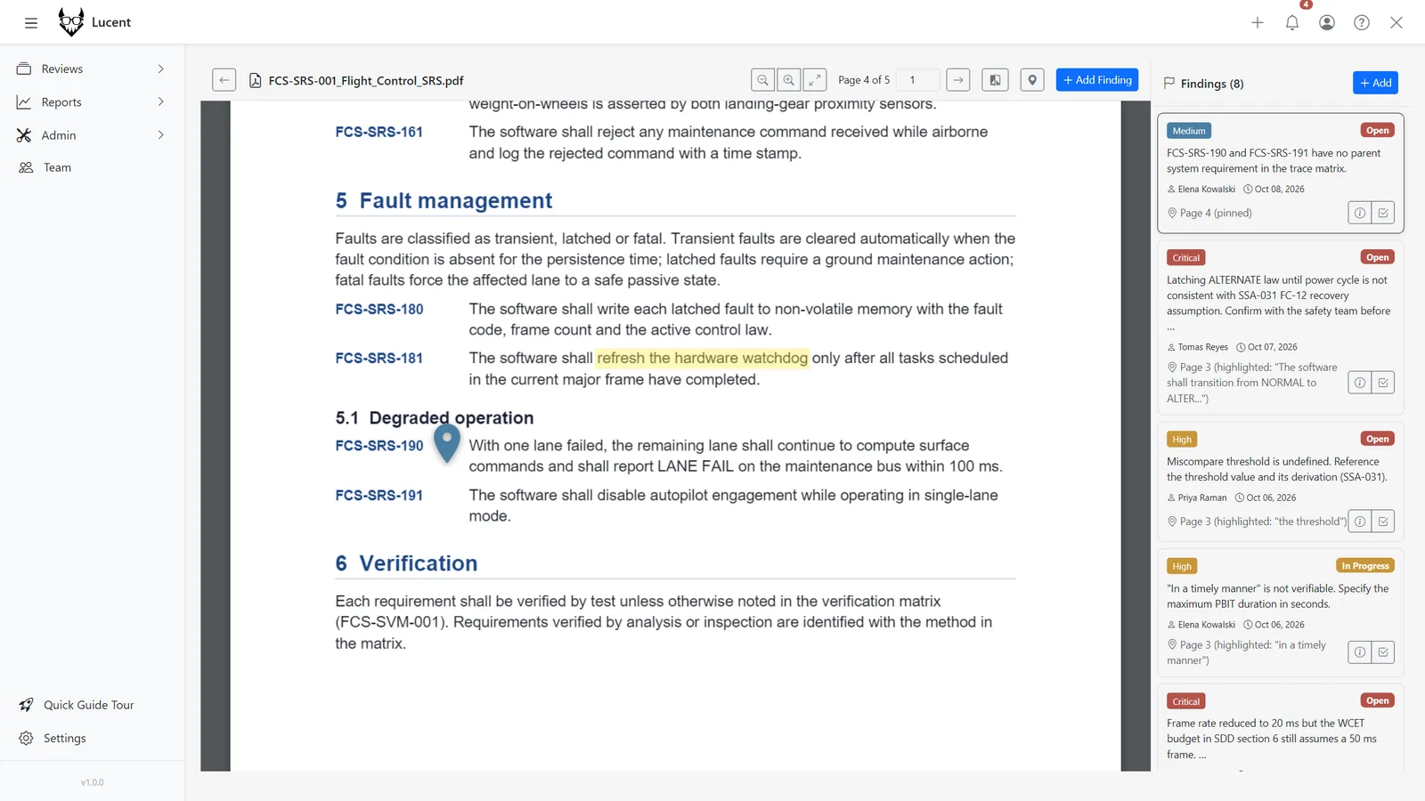 PDF coordinate pin on a requirement with its pinned finding card