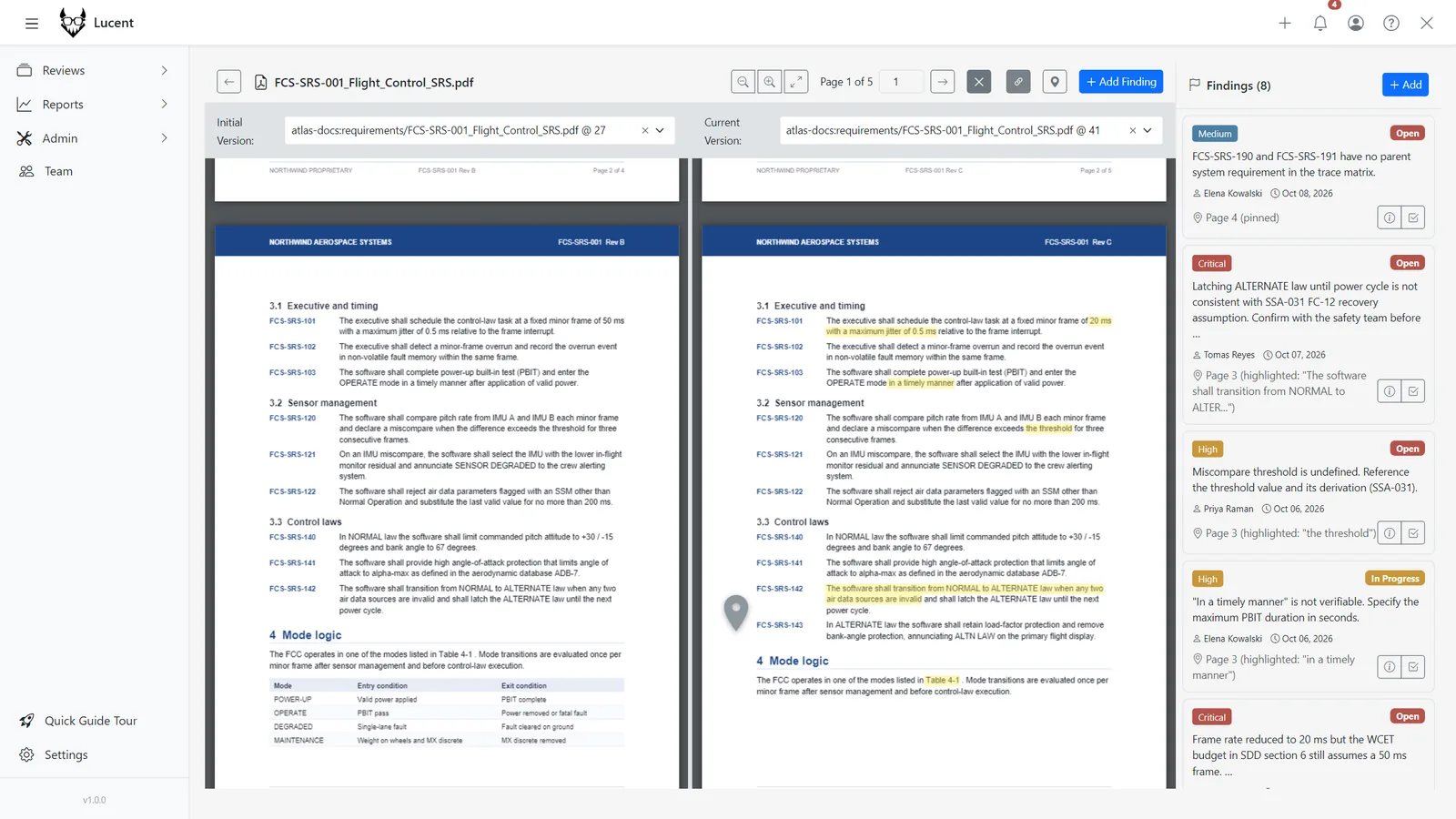Split view comparing SRS Rev B and Rev C on the same page
