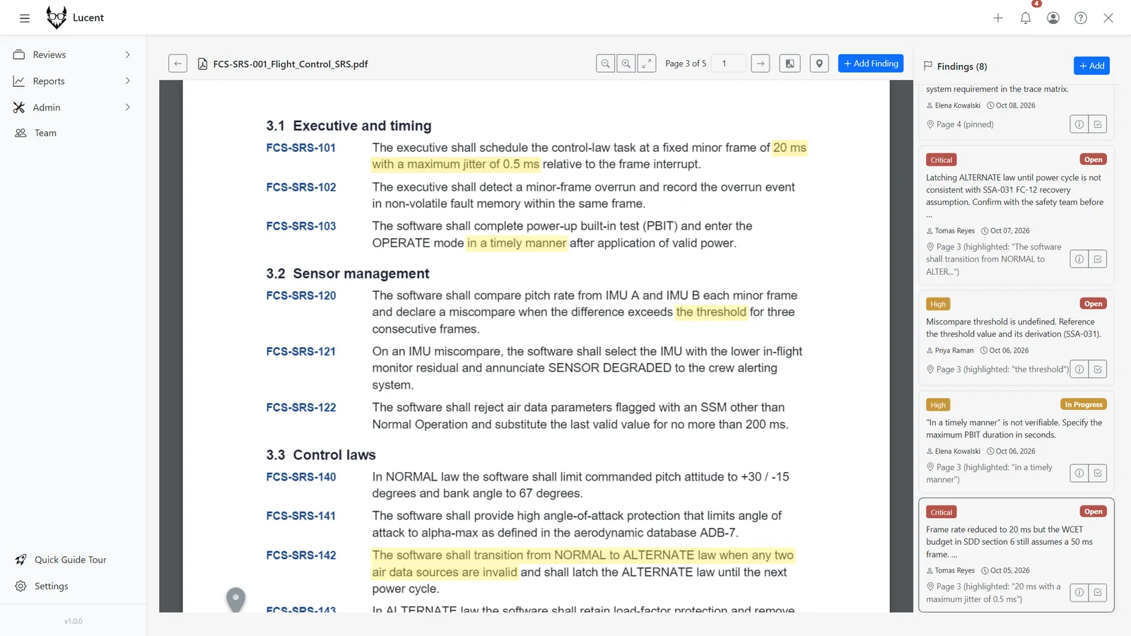 Native PDF viewer showing an SRS page with inline highlighted findings and finding cards