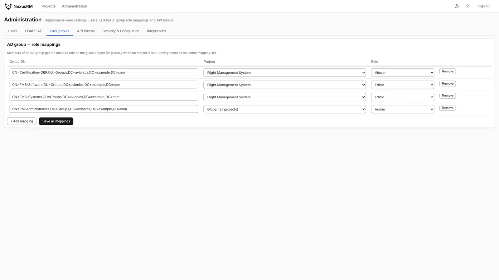 Directory group to role mappings, some global and some scoped to a single project
