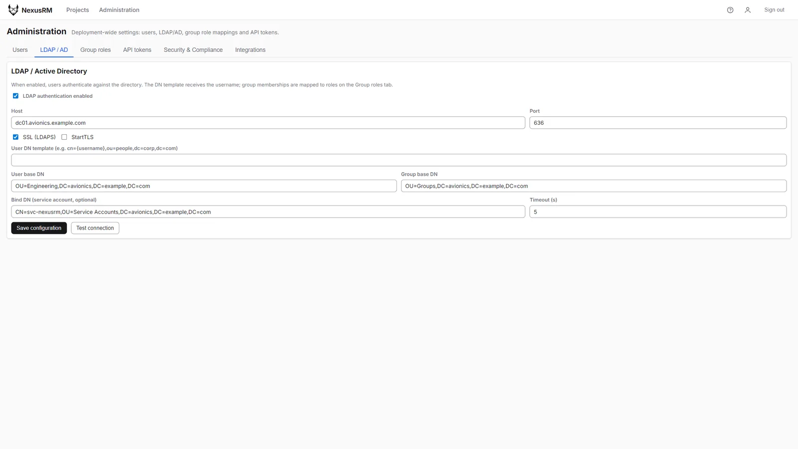 LDAP and Active Directory configuration with LDAPS, base DNs and the bind account