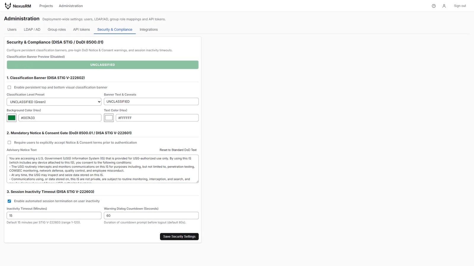 Security and Compliance administration panel with classification banner, notice and consent text and inactivity timeout settings
