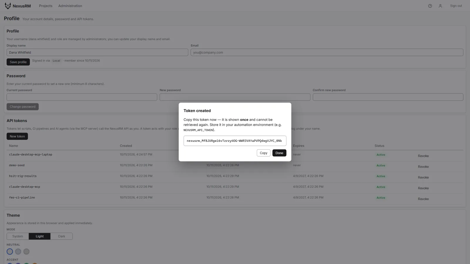Token created dialog showing a new API token once, with a note about using it with the MCP server