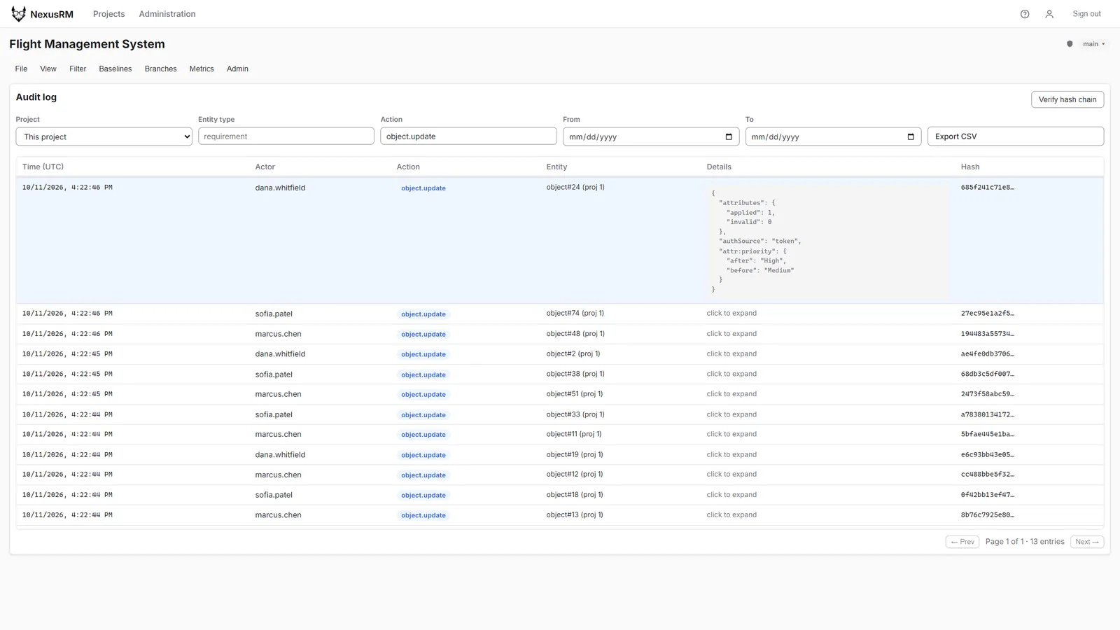 Audit log filtered to object updates with one entry expanded to show its change record and the hash column