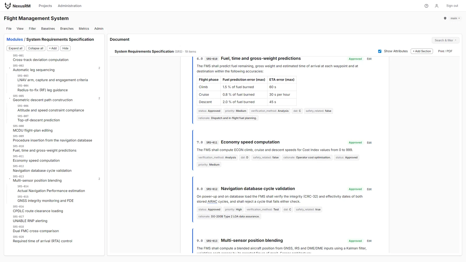 Document view of SRS-010 with a rich-text accuracy table, ready to print or save as PDF