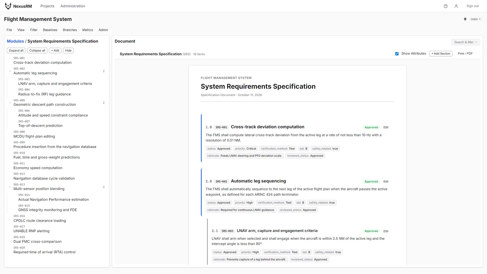 Continuous document view of a System Requirements Specification with section numbers, requirement bodies and attribute chips
