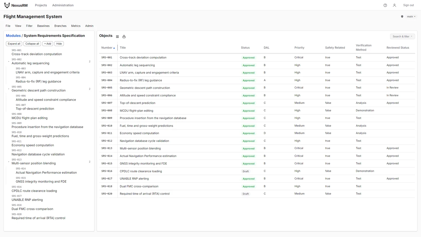 SRS module grid using a Safety review saved view with DAL, priority, safety, verification method and reviewed status columns