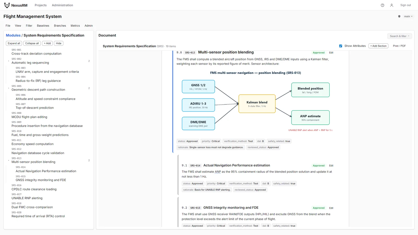 NexusRM document view of a flight management system specification with an embedded sensor diagram