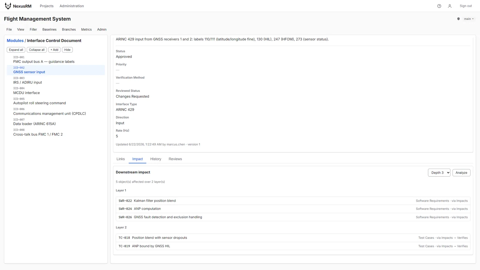 Impact tab for interface item ICD-002 showing downstream layers with the link-type path that reached each item