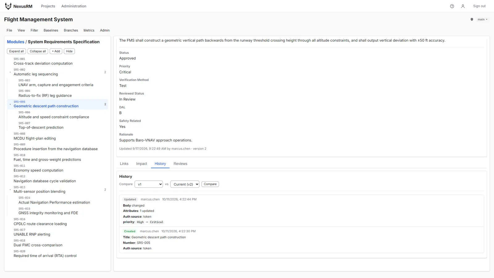 History tab of SRS-005 listing its versions with the changed fields and attributes and the user who made each change